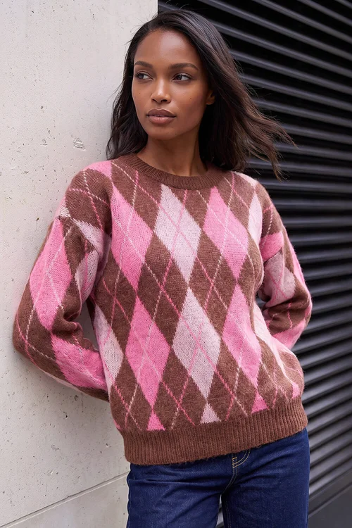 Roman Pink Soft Knit Argyle Jumper - 20 Image 1