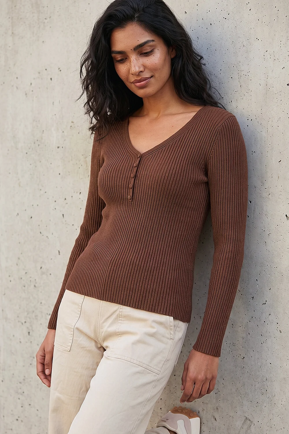 Roman Chocolate Button Rib Knit Jumper - 18 Image 1