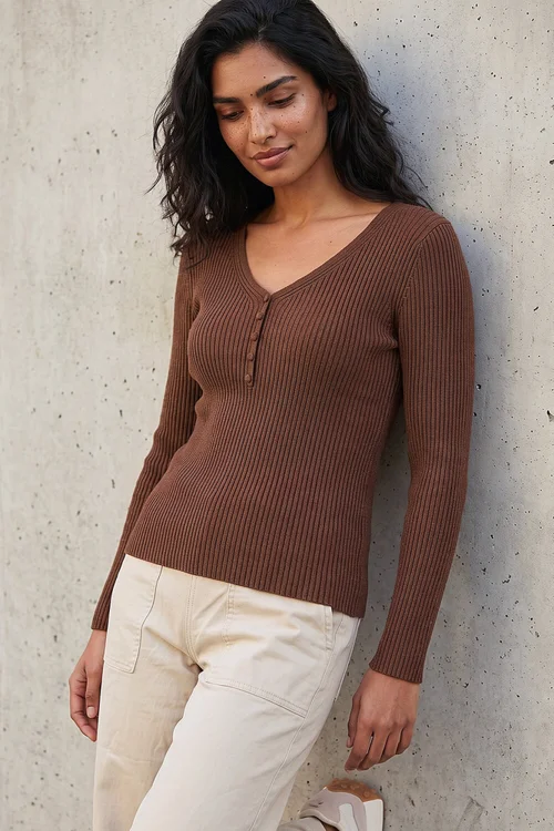 Roman Chocolate Button Rib Knit Jumper - 18 Image 1