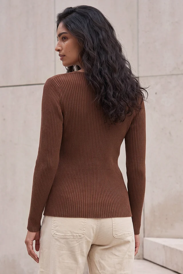 Roman Chocolate Button Rib Knit Jumper