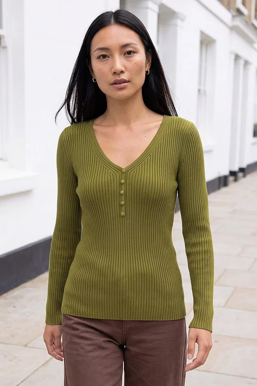 Roman Olive Button Rib Knit Jumper - 18 Image 1