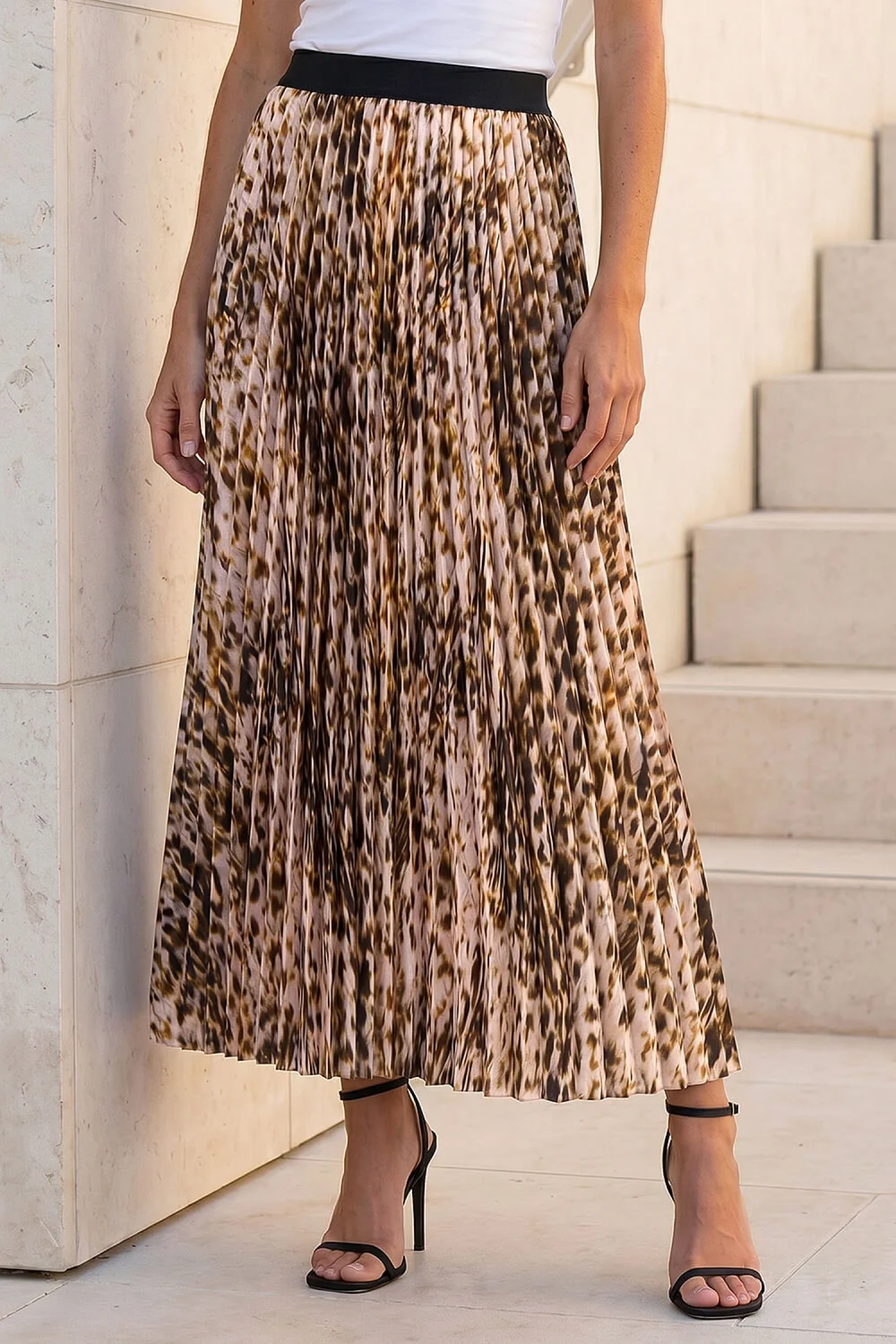 Roman Camel Animal Print Pleated Midi Skirt - 10 Image 1