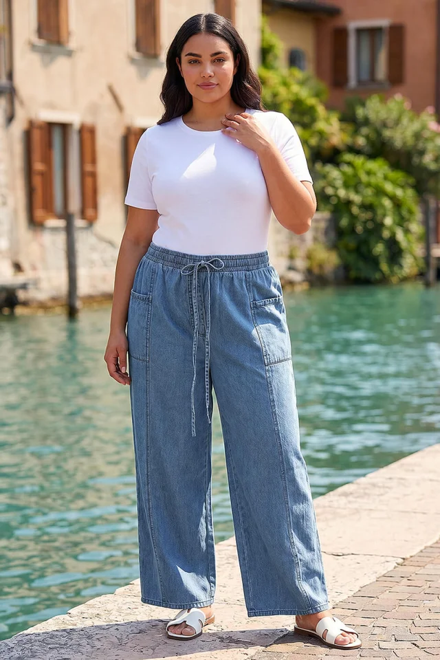 Roman Denim Curve Tie Waist Pocket Trouser