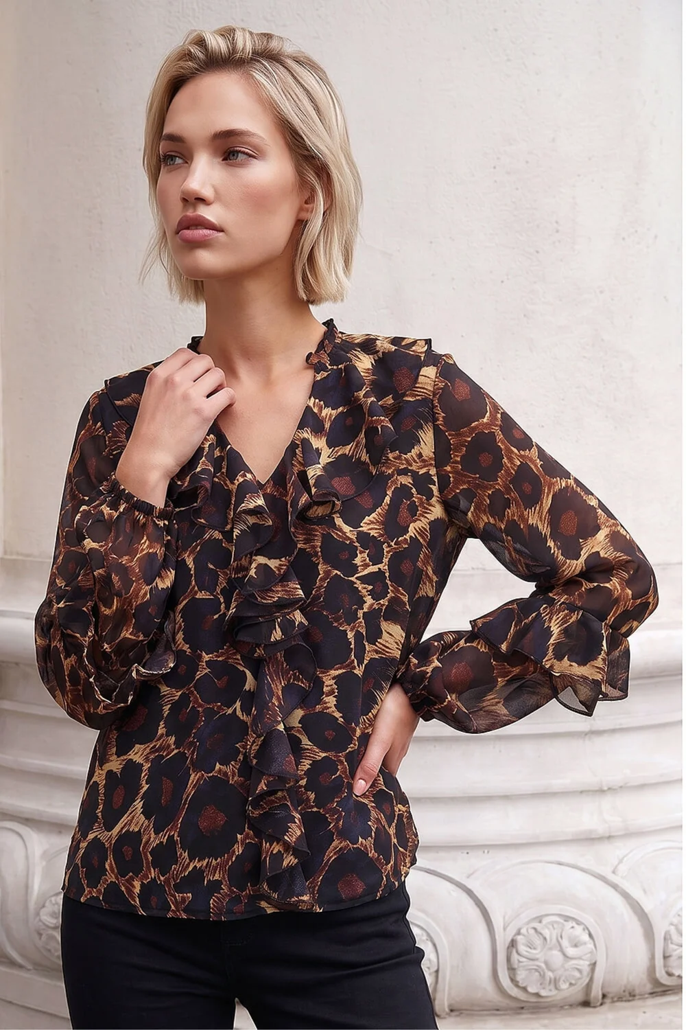 Roman Chocolate Animal Print Ruffle Top - 14 Image 1