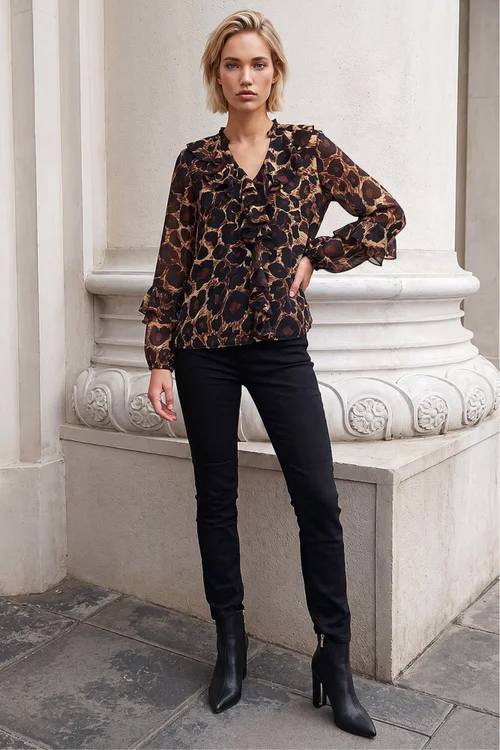 Roman Chocolate Animal Print Ruffle Top - 14 Image 2