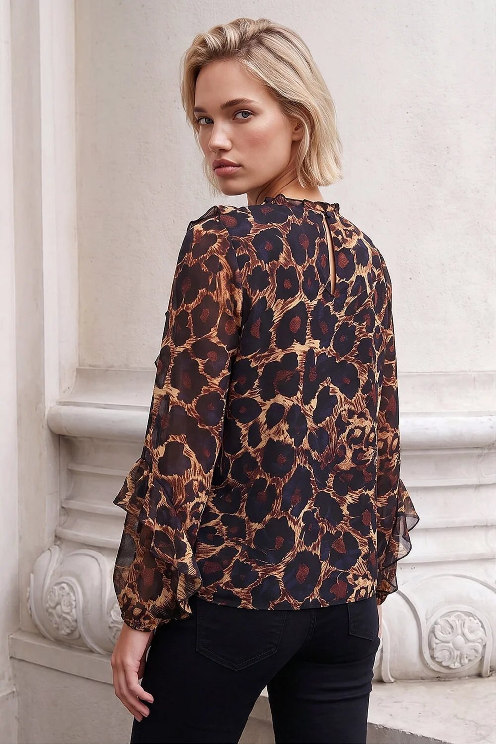 Roman Chocolate Animal Print Ruffle Top - 14 Image 3