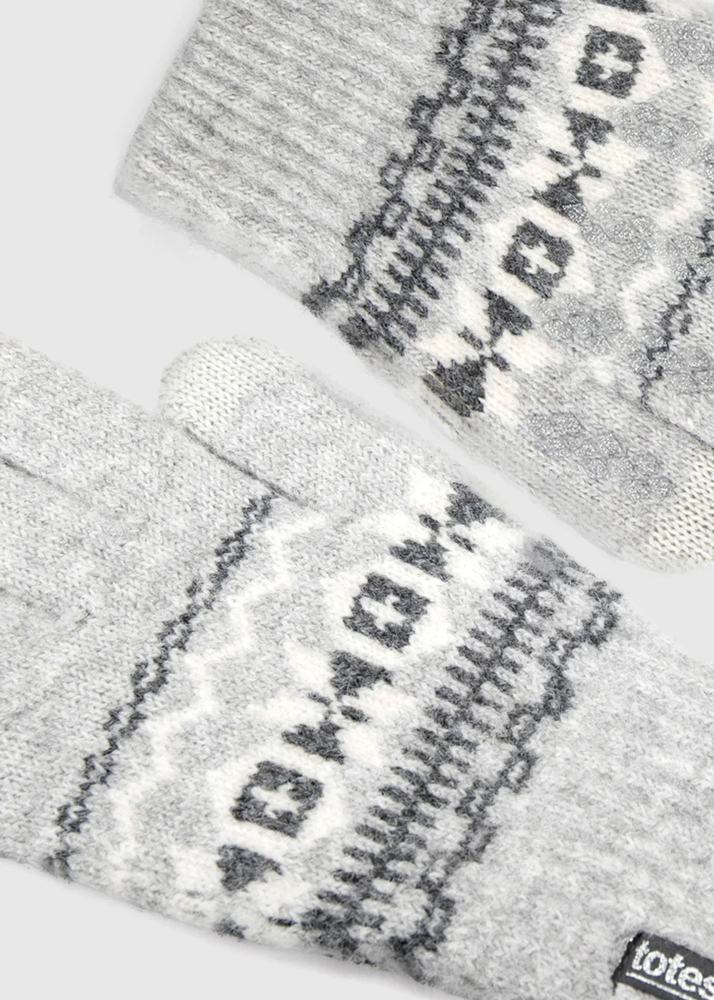 Totes Grey Fair Isle Grey Fair isle Knitted Gloves with Palm Grippers and Smartouch - One Size Image 5