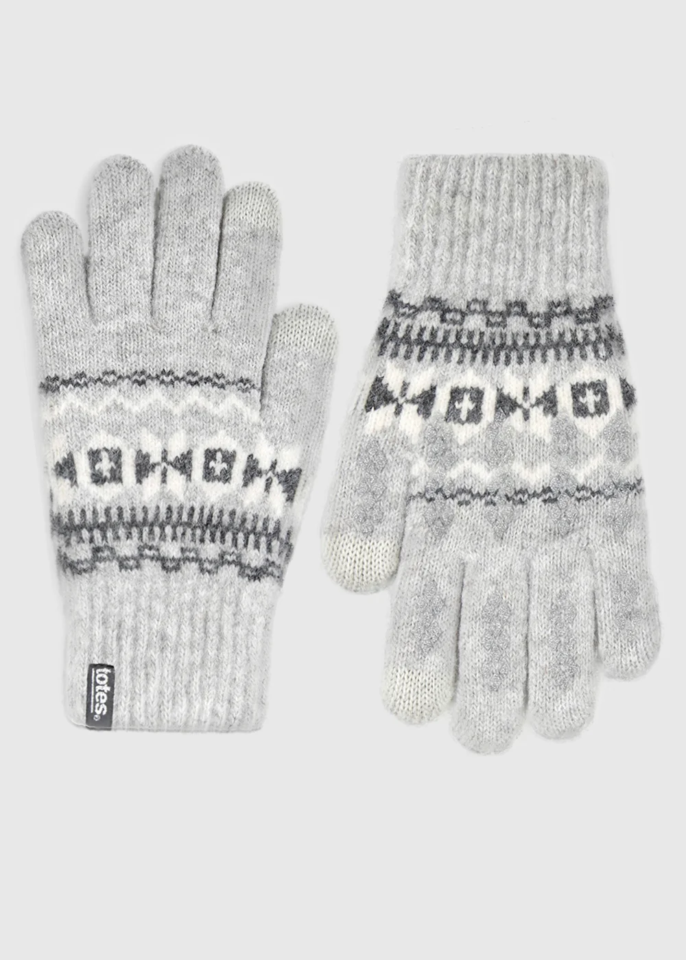 Totes Grey Fair Isle Grey Fair isle Knitted Gloves with Palm Grippers and Smartouch - One Size Image 4