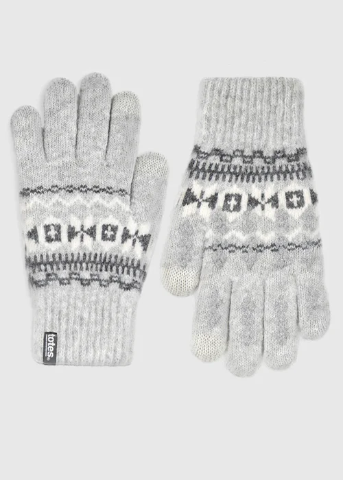 Totes Grey Fair Isle Grey Fair isle Knitted Gloves with Palm Grippers and Smartouch - One Size Image 4