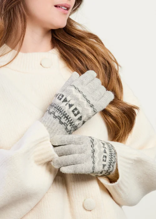 Totes Grey Fair Isle Grey Fair isle Knitted Gloves with Palm Grippers and Smartouch - One Size Image 3