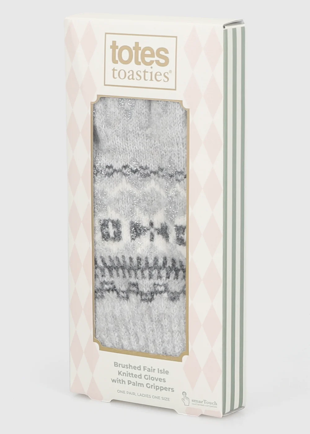 Totes Grey Fair Isle Grey Fair isle Knitted Gloves with Palm Grippers and Smartouch - One Size Image 2