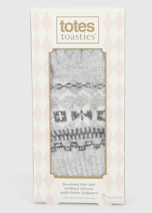 Totes Grey Fair Isle Grey Fair isle Knitted Gloves with Palm Grippers and Smartouch - One Size Image 6