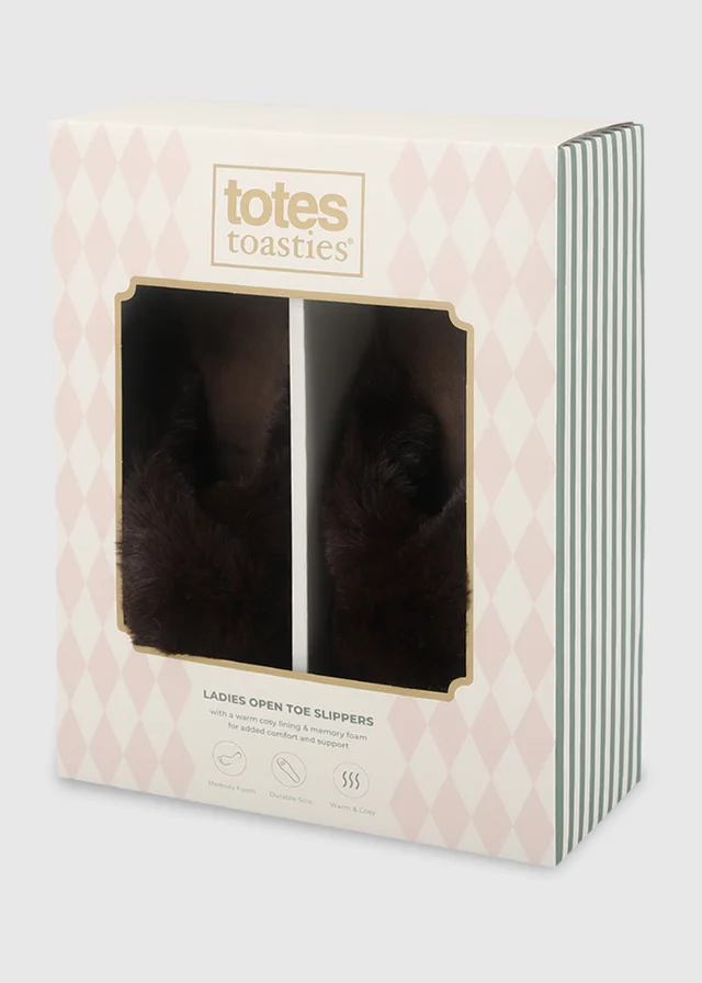 Totes Chocolate Brown Crossover Faux Fur Slider Slippers