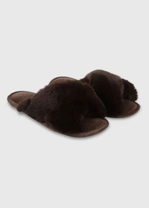 Totes Chocolate Brown Crossover Faux Fur Slider Slippers - 3-4 Image 4