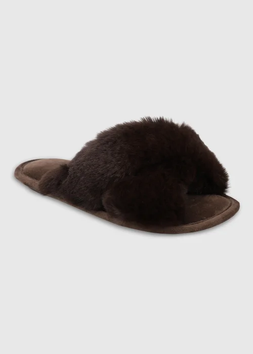 Totes Chocolate Brown Crossover Faux Fur Slider Slippers - 3-4 Image 5