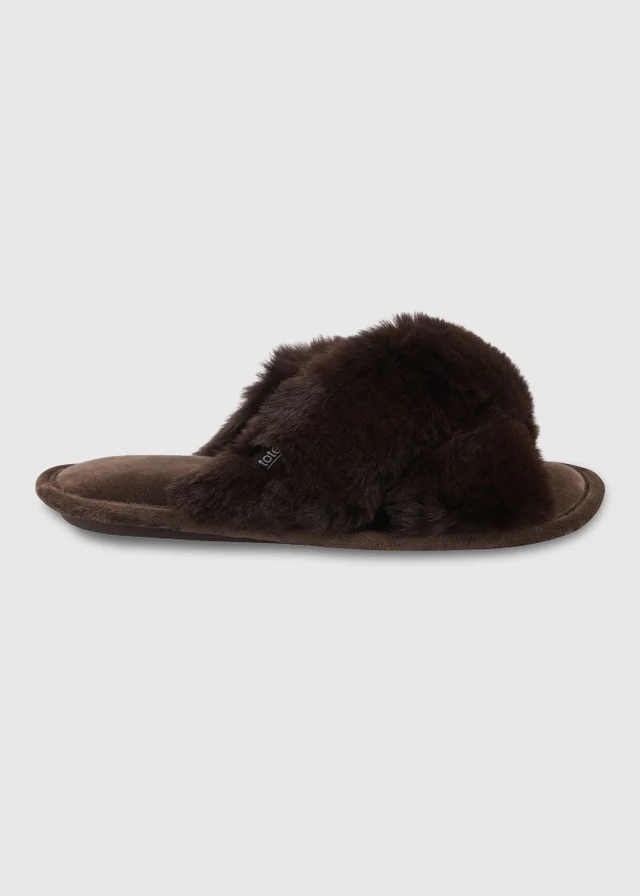 Totes Chocolate Brown Crossover Faux Fur Slider Slippers