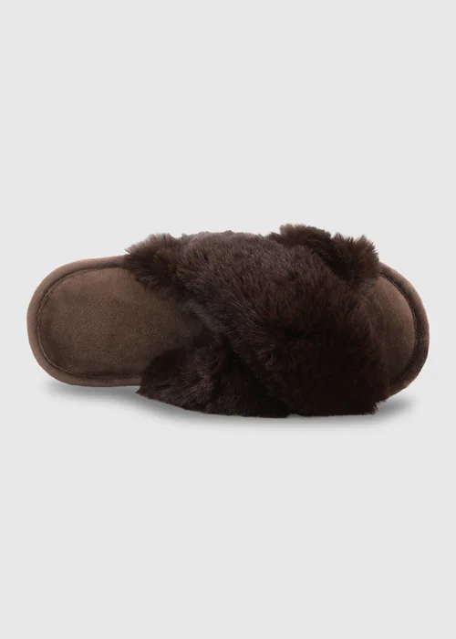 Totes Chocolate Brown Crossover Faux Fur Slider Slippers - 3-4 Image 6