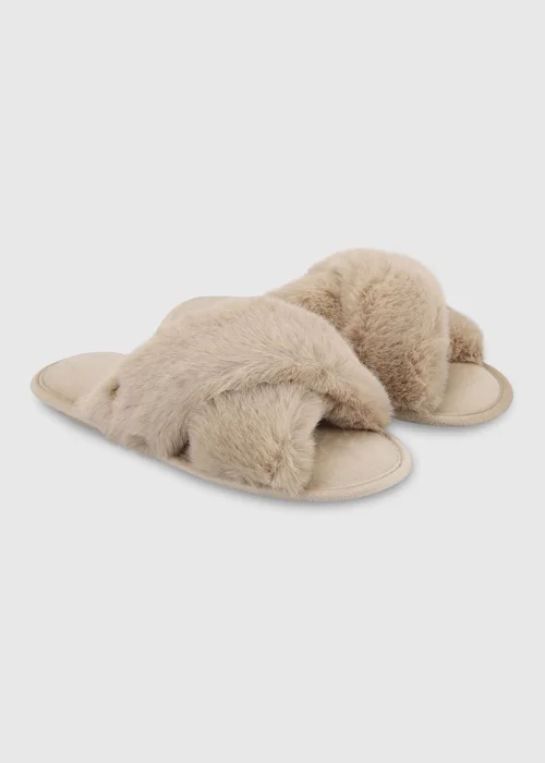 Totes Natural Crossover Faux Fur Slider Slippers - 3-4 Image 4