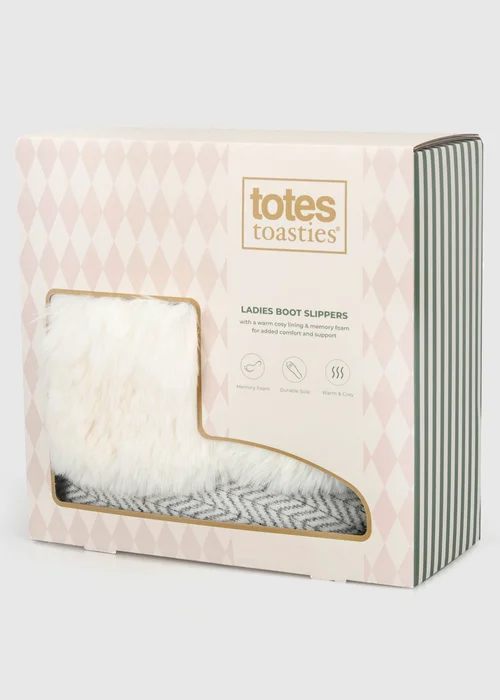 Totes Cream Multi Natural Patterned Knit Boot Slippers with Faux Fur Cuff - 5-6 Image 2