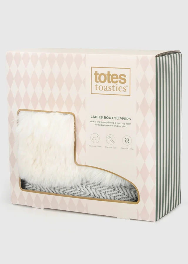 Totes Cream Multi Natural Patterned Knit Boot Slippers with Faux Fur Cuff