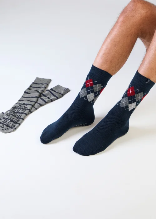 Totes 2 pack Argyle/Stripe Grey Original Slipper-Sox - One Size Image 3
