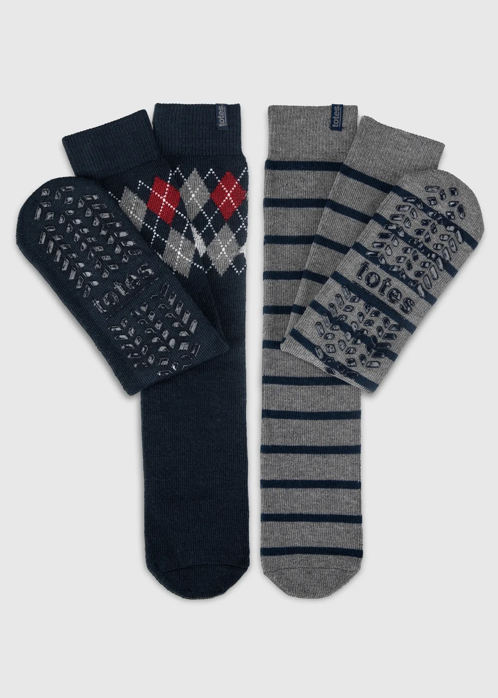 Totes 2 pack Argyle/Stripe Grey Original Slipper-Sox - One Size Image 1