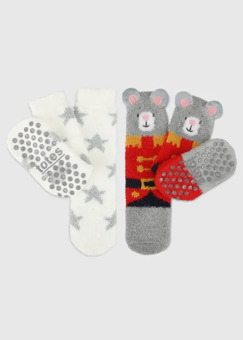 Totes Kids 2 pack Mouse Grey Super Soft Cosy Slipper-Sox - 7-10 Yrs Image 1