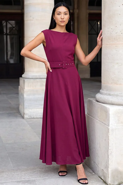 Roman Wine Belted Fit & Flare Dress - 16 Image 2