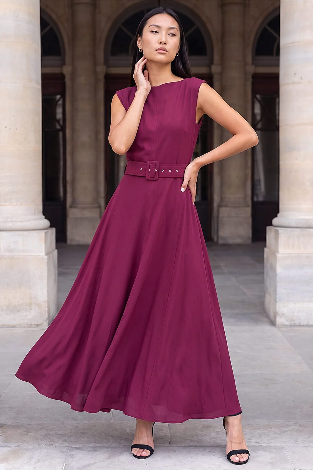 Roman Wine Belted Fit & Flare Dress - 16 Image 1