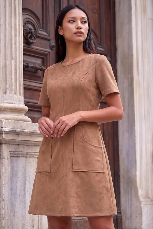 Roman Tan Petite Faux Suede Stitched Dress - 12 Image 1