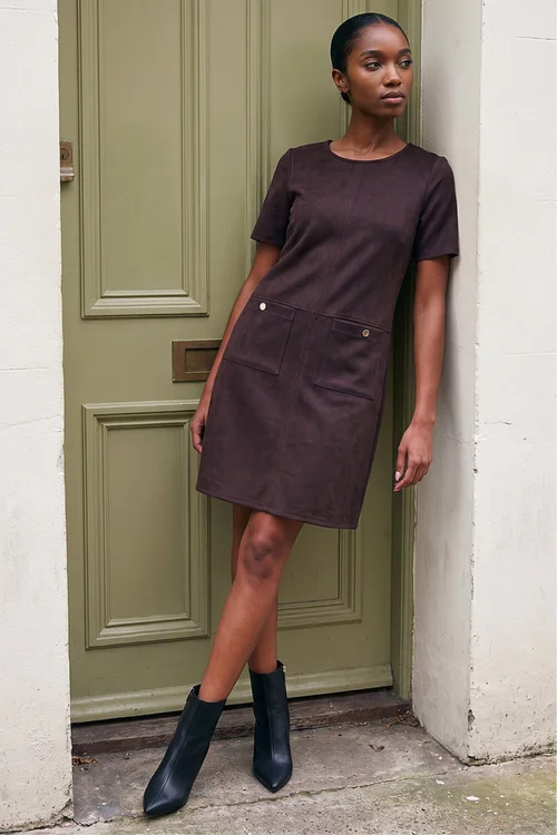 Roman Dark Brown Petite Faux Suede Dress - 8 Image 1