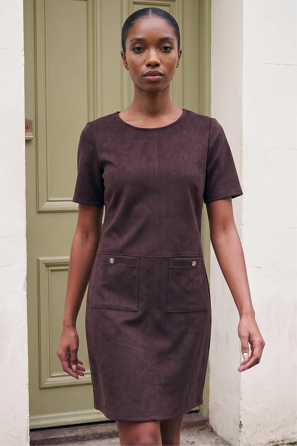 Roman Dark Brown Petite Faux Suede Dress - 8 Image 2