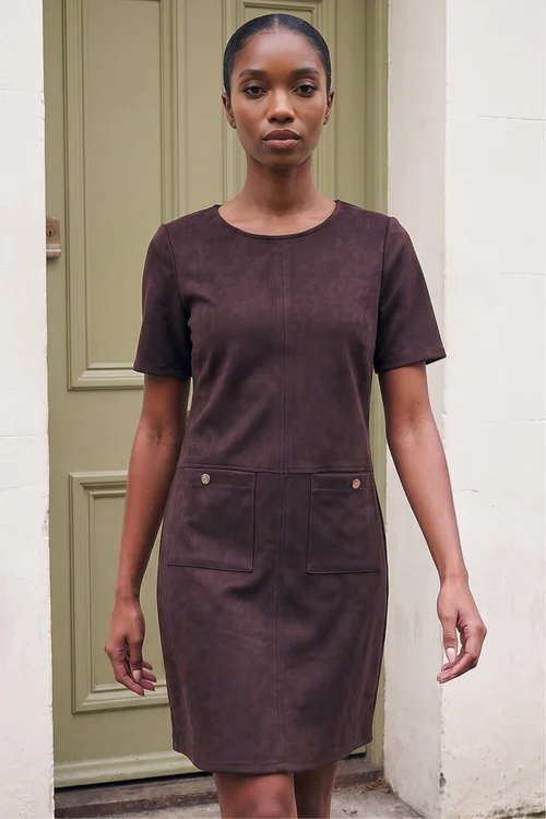 Roman Dark Brown Petite Faux Suede Dress - 8 Image 2