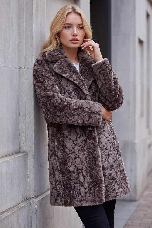 Roman Taupe Petite Animal Faux Fur Coat - 18 Image 1