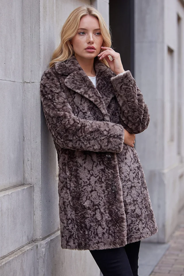 Roman Taupe Petite Animal Faux Fur Coat
