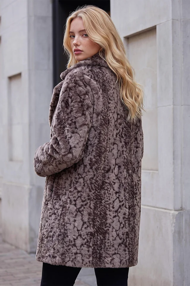 Roman Taupe Petite Animal Faux Fur Coat