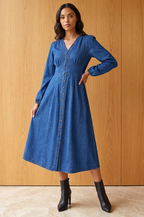 Roman Denim Button Through Midi Dress - 18 Image 1