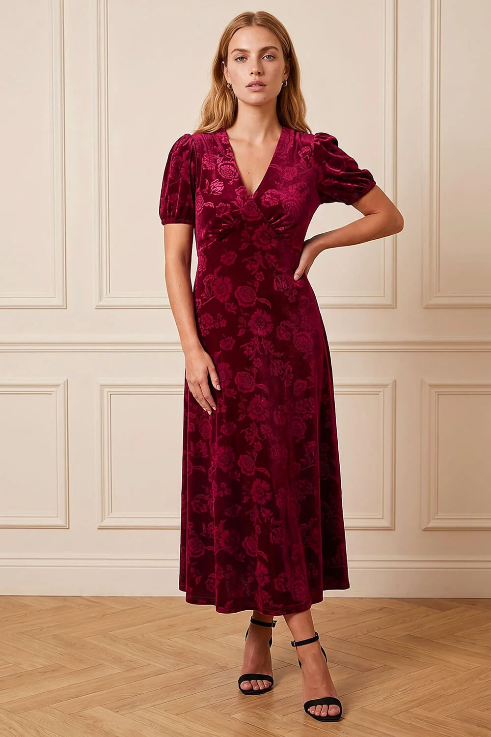 Roman Wine Embossed Velvet Midi Dress - 10 Image 2