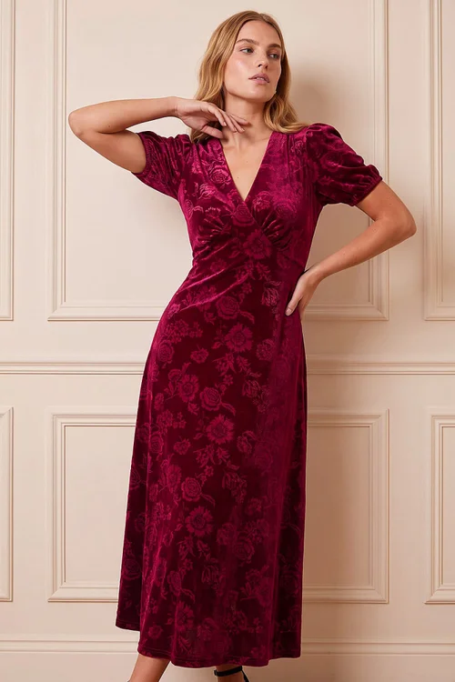 Roman Wine Embossed Velvet Midi Dress - 10 Image 1
