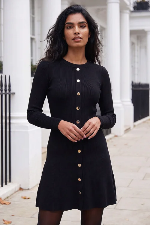 Roman Black Knitted Button Dress - 16 Image 1