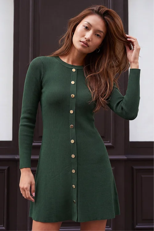 Roman Dark Green Knitted Button Dress - 14 Image 2