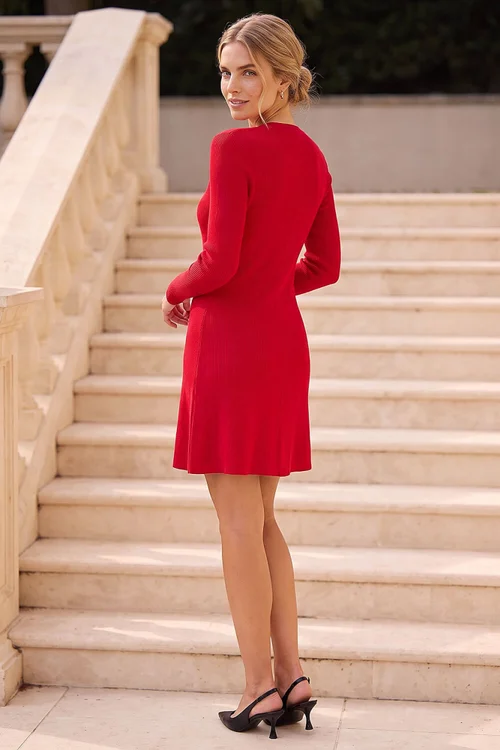 Roman Red Knitted Button Dress - 10 Image 3