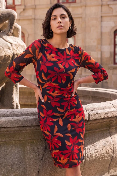 Roman Red Floral Print Stretch Mesh Dress - 16 Image 1