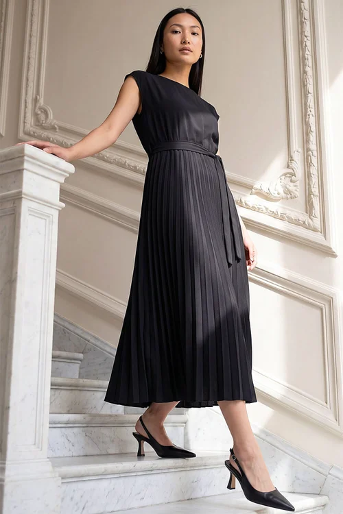 Roman Black Pleated Tie Waist Dress - 10 Image 1