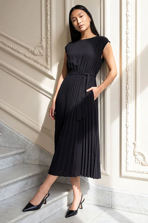 Roman Black Pleated Tie Waist Dress - 10 Image 2