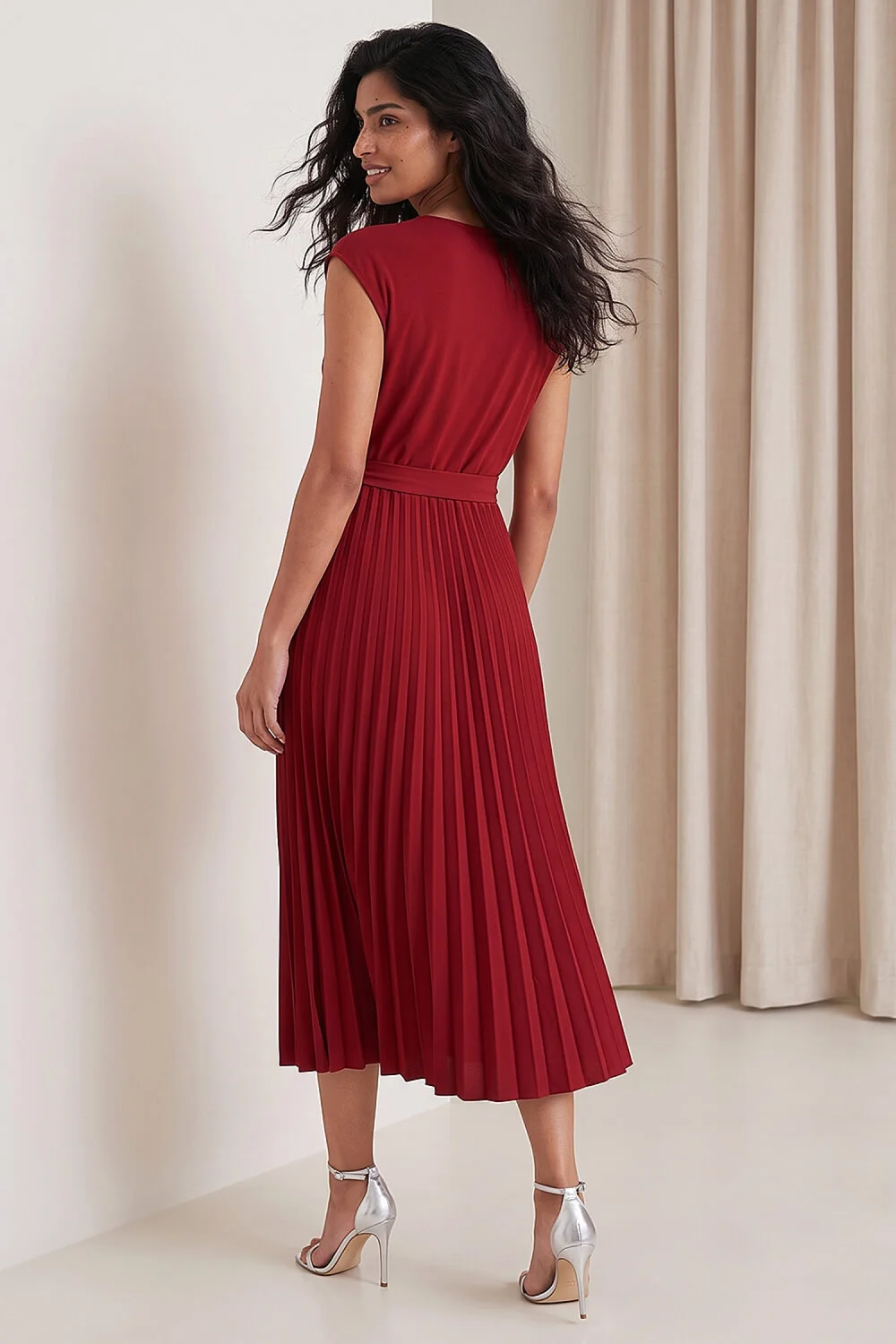 Roman Wine Pleated Tie Waist Dress - 16 Image 3
