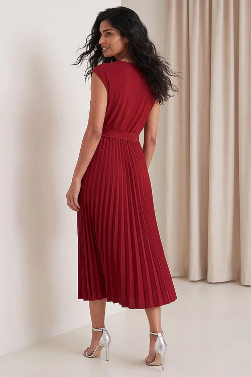 Roman Wine Pleated Tie Waist Dress - 16 Image 3