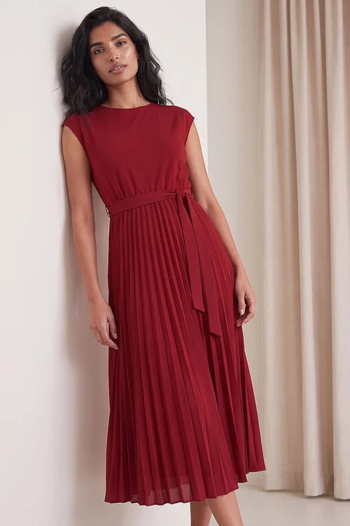 Roman Wine Pleated Tie Waist Dress - 16 Image 2