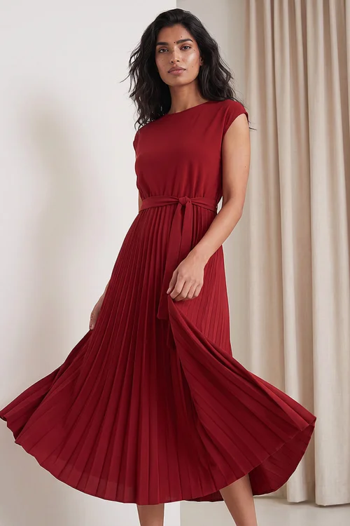 Roman Wine Pleated Tie Waist Dress - 16 Image 1