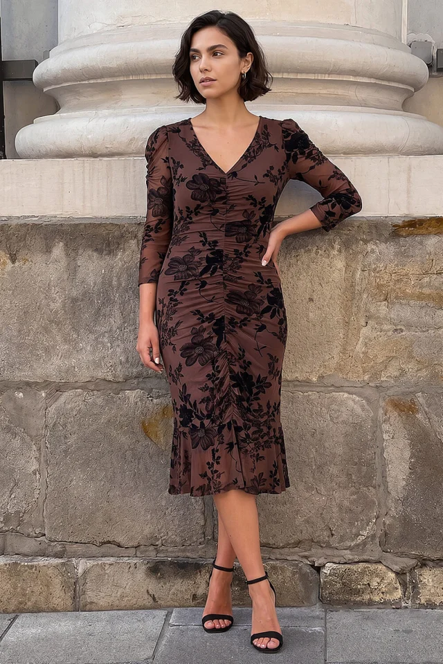 Roman Chocolate Ruched Floral Flock Frill Dress